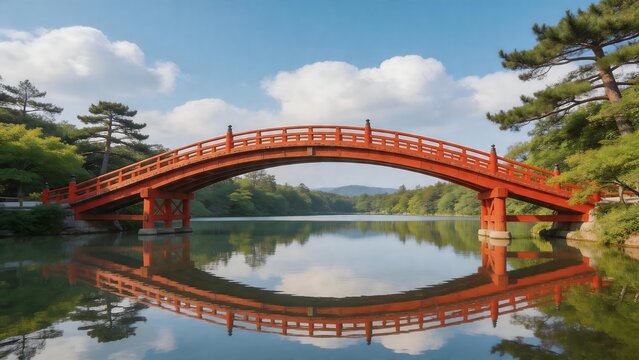 Red arched bridge over calm water
