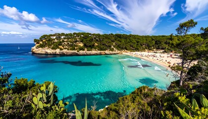 Fototapeta premium A serene beach scene with turquoise water and lush greenery (1)