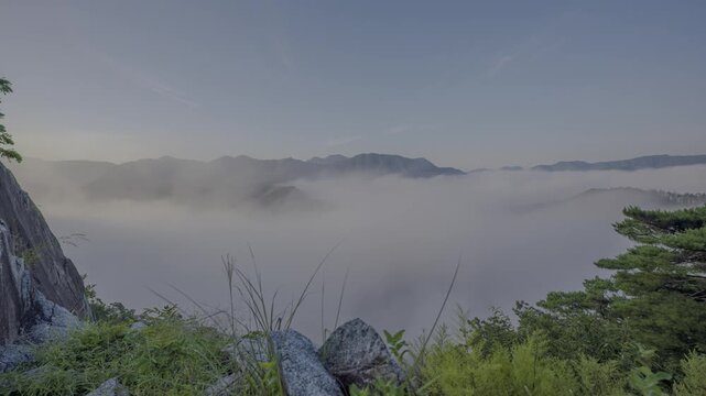 봉화 삼동재 호랑이바위 여름 아침 안개 HDR 타임랩스, 강 위 물안개 풍경