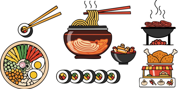 Korean food vector illustration set, traditional bibimbap and ramen noodles with chopsticks, kimbap sushi rolls and fried chicken street food icons