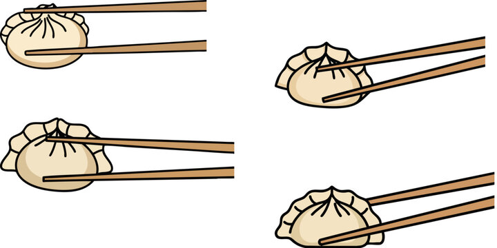 Chinese dim sum dumplings held with wooden chopsticks, set of 4 vector illustrations of gyoza and baozi, traditional Asian cuisine icons