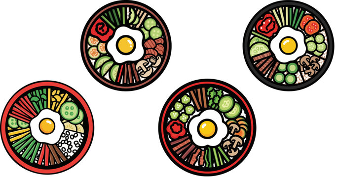 Korean bibimbap bowl vector set, traditional mixed rice with fried egg and vegetables, healthy asian cuisine meal icons for restaurant menu