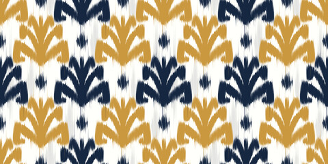 Ikat seamless pattern with floral motif. Ethnic vector print. Rug textured background for vintage fabrics and carpets design. Oriental traditional ornament with color dye effect © Chorna_L