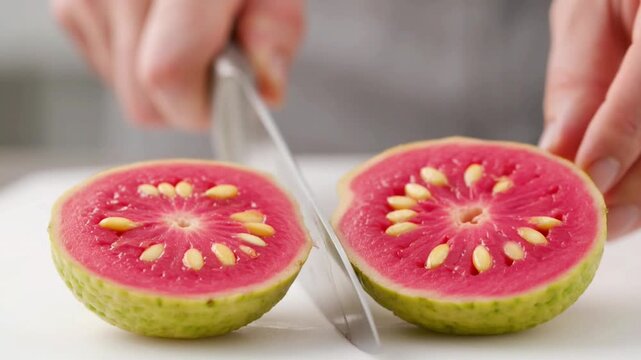 Close-up of a hand cutting a fresh guava in half on a white cutting board.