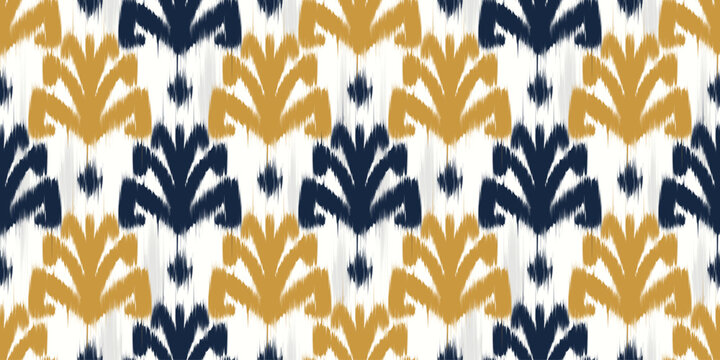 Ikat seamless pattern with floral motif. Ethnic vector print. Rug textured background for vintage fabrics and carpets design. Oriental traditional ornament with color dye effect