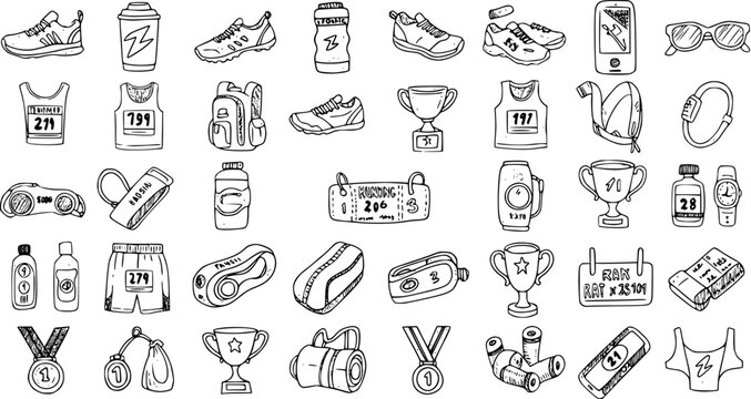 Hand-drawn running and fitness essentials vector doodle set. Collection of sports gear, marathon accessories, training equipment, and race day elements in outline style.