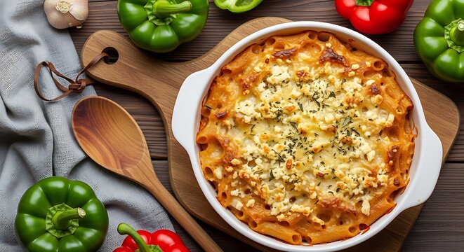 Cheesy Baked Lasagna in White Dish on Wooden Board with Vegetables