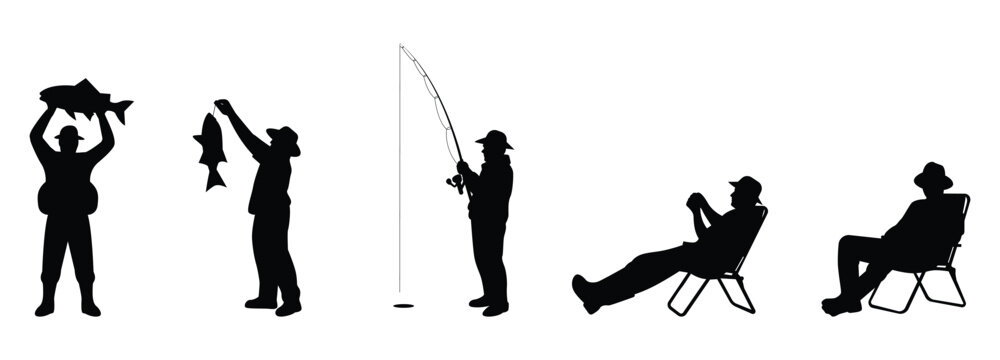 Collection of fisherman silhouettes showing different fishing activities. Isolated, simple black vector, transparent background.
