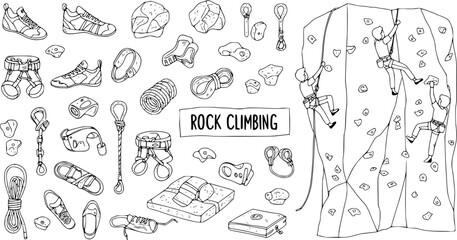 Fototapeta premium Rock Climbing Gear and Equipment Doodle Set with Climbers on Wall - Line Art Vector Illustration