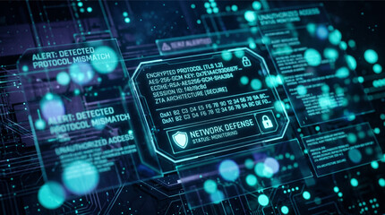 Cybersecurity digital interface with encrypted protocol data and network defense alerts. Abstract HUD display for AI, big data, cloud computing, and blockchain infrastructure. Blue technology backgrou © Jason
