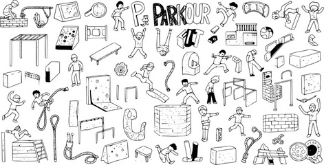 Obraz premium Whimsical Parkour Doodle: Hand-Drawn Obstacles and Athletes for Design Fun