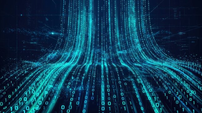 Abstract digital data stream flowing with binary code, information technology concept.