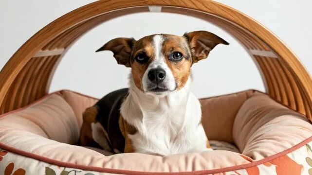 A cute dog resting comfortably inside a decorative, flowered pet bed