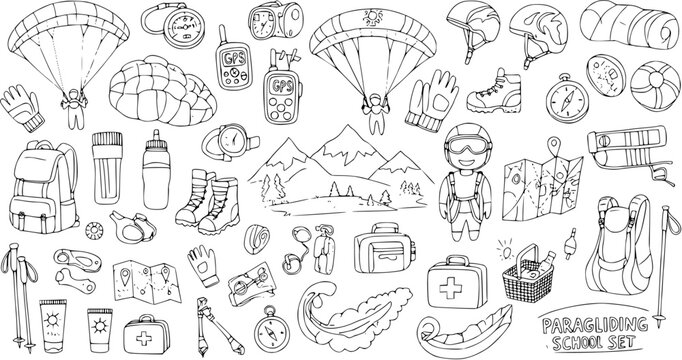 Hand-drawn Paragliding  Outdoor Adventure Gear Set. Hiking equipment, camping supplies, navigation tools, and mountain landscape doodle icons.
