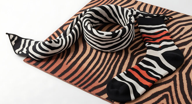 Zebra print textile items, a knitted scarf and a sock with orange stripes, arranged on a textured surface with animal pattern