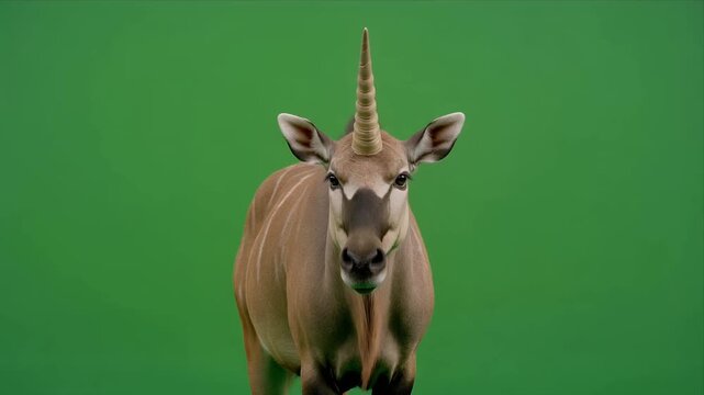 Close Up Unicorn Portrait Against Vibrant Green Background.