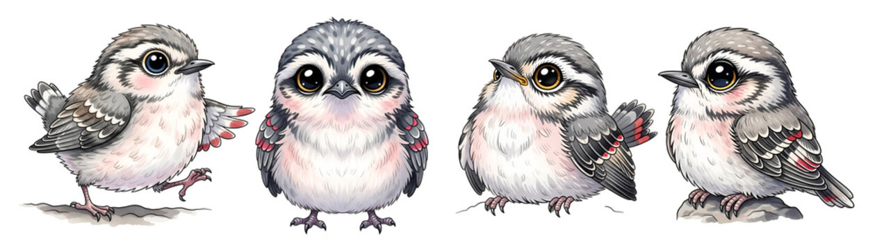 Four adorable fluffy baby birds with big expressive eyes arranged in a collection set shown on transparent background