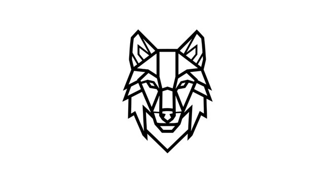Geometric wolf head logo with sharp lines and angular design on a white background.