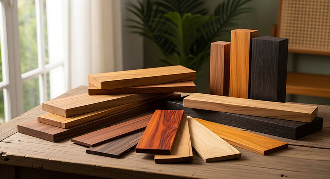 Collection of various wood samples with different grains and colors arranged on a textured surface, natural materials, carpentry inspiration