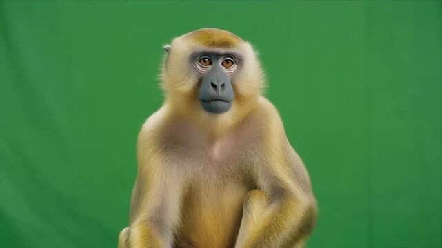 Gibbon Portrait Close Up Against Green Background.