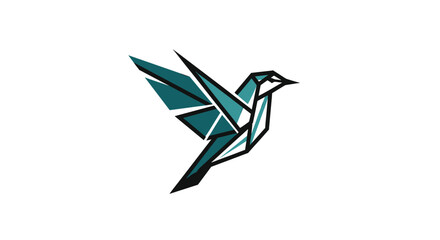 Geometric origami-style bird in flight with teal and black facets on a white background, representing freedom and elegance. © Hari
