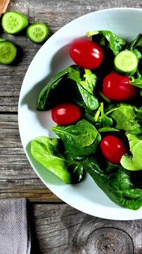 fresh green salad with cherry tomatoes and cucumber in white bowl, healthy organic lamb's lettuce on rustic wooden background