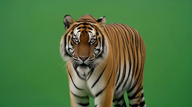 Close Up Tiger Walking Toward Camera Across Bright Green Background.