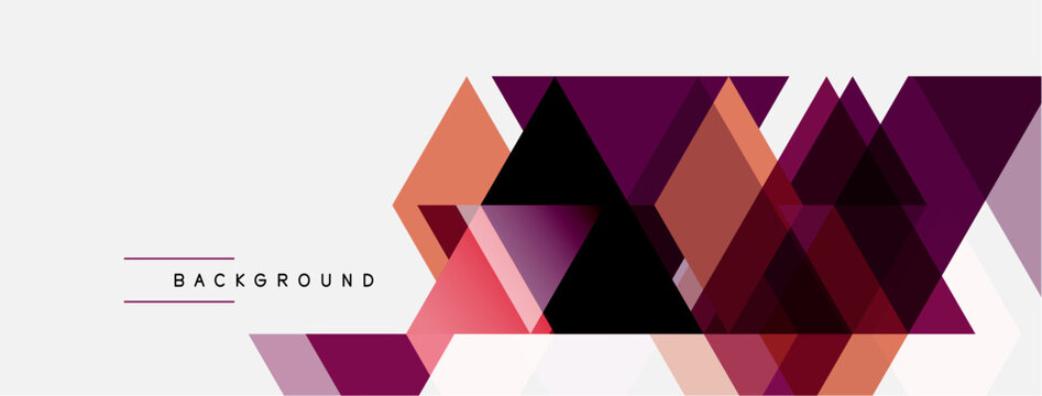 Abstract geometric design. Triangles overlap, creating layered effect. Colors include purple, orange, pink, white. Modern, minimalist style.