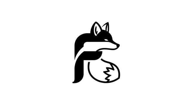 A stylized black and white logo featuring a fox whose body is cleverly integrated with the letter F, showcasing a minimalist and creative design.