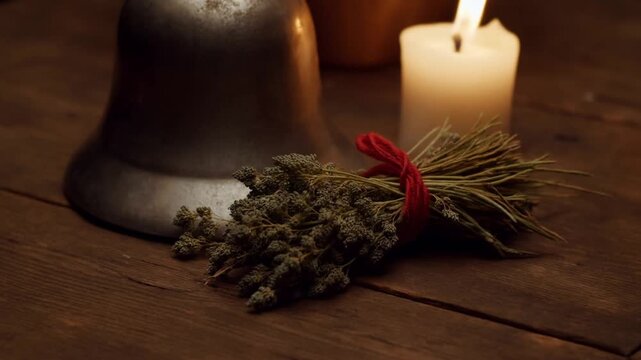 Pagan ritual still life with dried herbs, burning candle, and old bell on wooden table. Warm firelight creates cozy, authentic wiccan atmosphere.