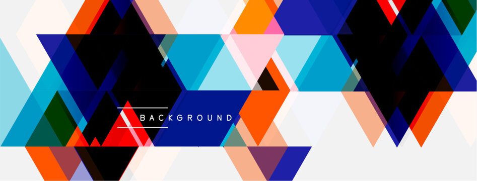 Abstract geometric pattern. Colorful triangles overlap, creating dynamic visual texture. White space provides contrast. Background text present.