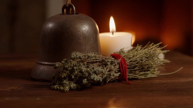 Pagan ritual still life with dried herbs, burning candle, and old bell on wooden table. Warm firelight creates cozy, authentic wiccan atmosphere.