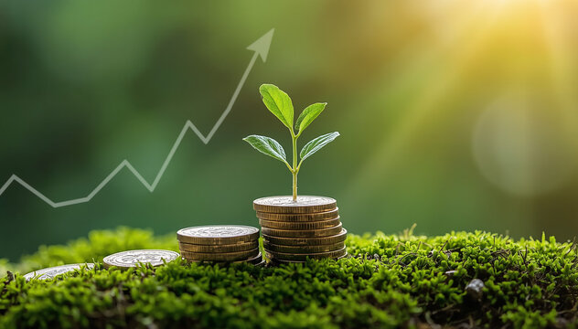 Green plant growing from coin stack on moss, symbolizing financial investment, growth, and sustainable development
