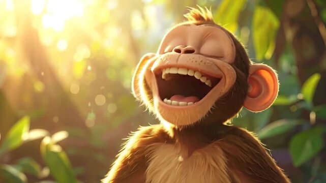 A happy cartoon primate smiles widely in a lush, sunlit, natural environment