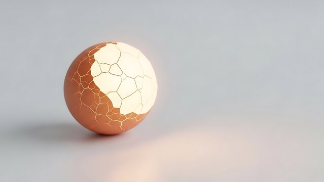 A cracked brown eggshell with a large portion broken off to reveal the white interior sits on a plain gray surface