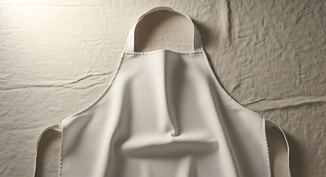 Blank White Kitchen Apron Mockup on Beige Wrinkled Linen Background, Top View Professional Chef Pinafore for Restaurant Brand Identity, Minimalist Cooking Apparel Design Template