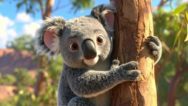 A cute cartoon animal clinging to a tree in a bright, sunny environment
