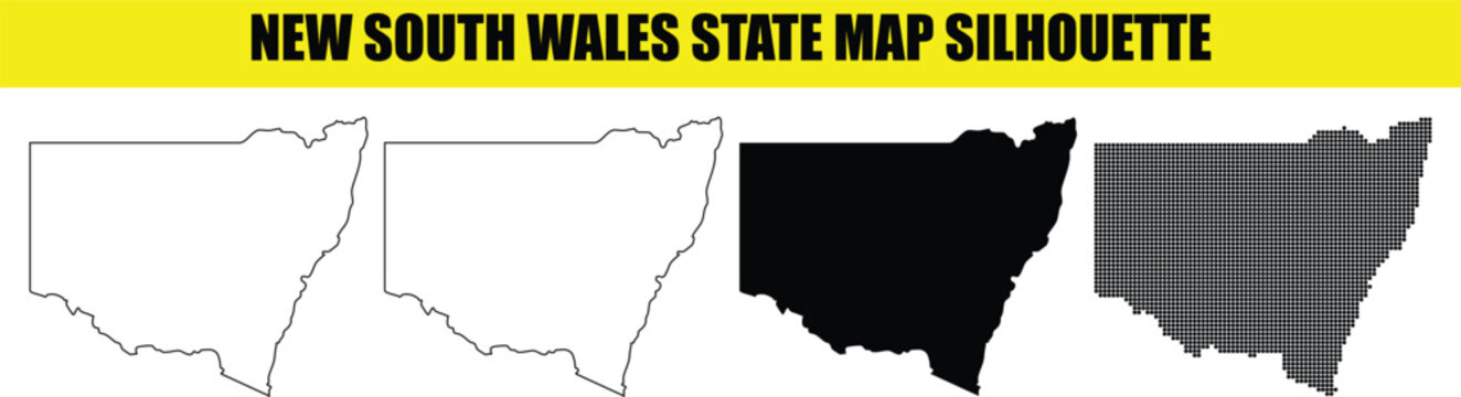 New south wales state map silhouette showing white solid black outline filled and dot pattern variations for design work.