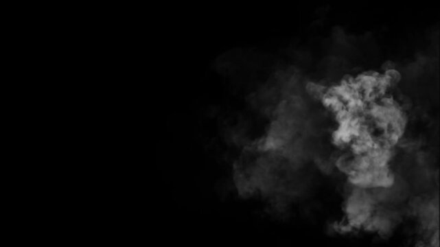Puff of white smoke exhaled into the air over a dark backdrop. for blending, ice smoke cloud, fire smoke, ascending vapor steam, Super Slow Motion Atmospheric Smoke Slowly Floating on Black Background