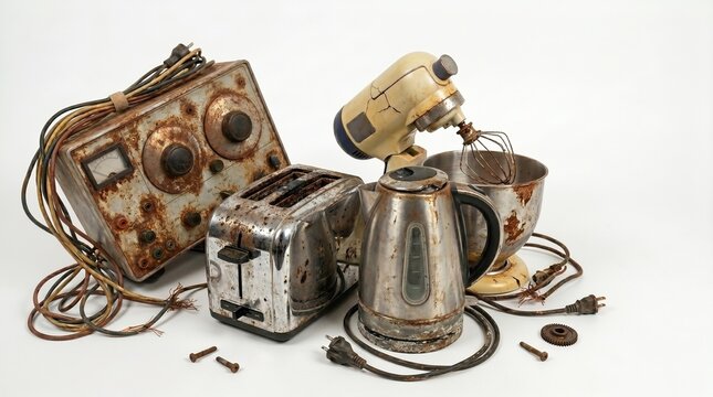 Heap of old broken household appliances. Rusty kitchen equipment, toaster, kettle, mixer and vintage radio isolated on white. Concept of electronic waste, overconsumption and damage.