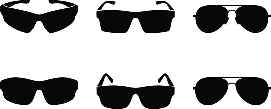 Black sunglasses silhouette icons showing different frame styles for fashion, eyewear, and accessory design concepts