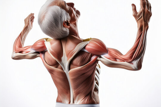 Medical illustration showing latissimus dorsi stretch with exposed rib contours
