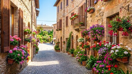 Fototapeta premium Charming Italian Village Street Adorned with Colorful Flowers in Bloom.