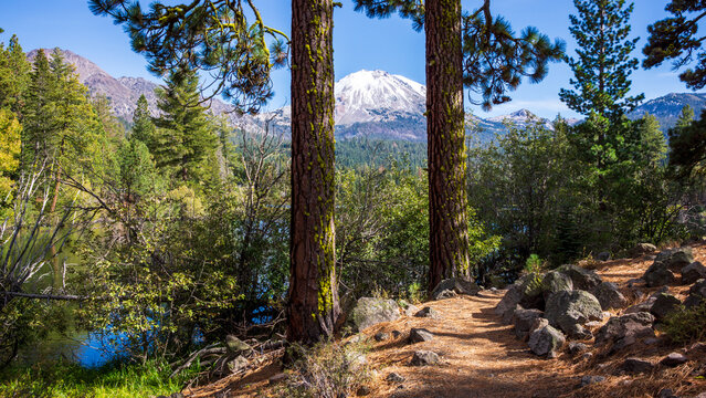 Hiking Trail By A Lake With Mt Lassen