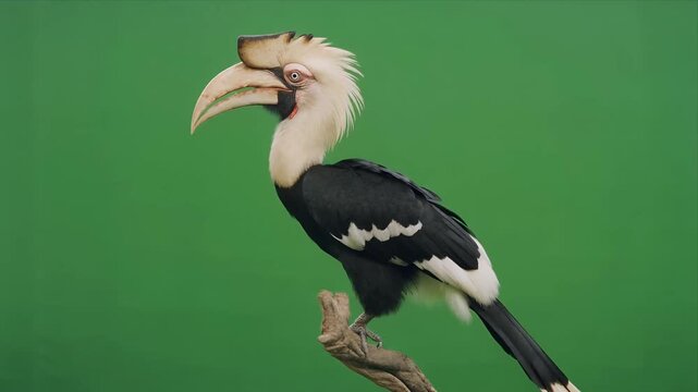 Spectacular hornbill perched on branch against vivid green background.
