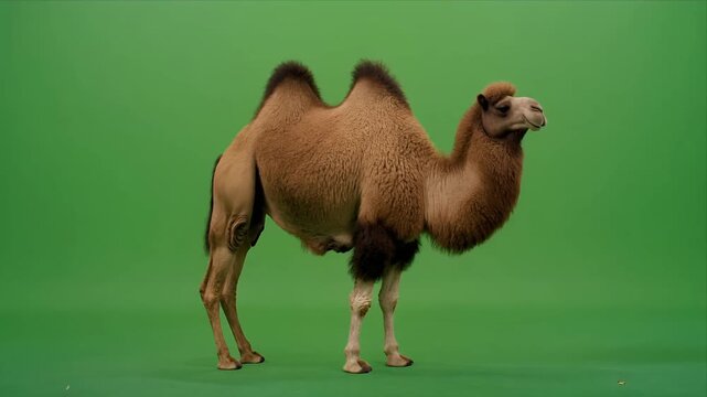 Two Camels Standing On Green Screen Background.