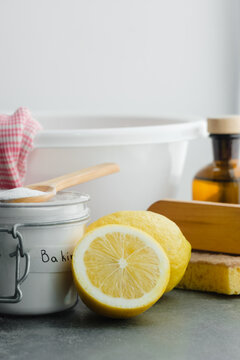 Natural remedies: baking soda, lemon, vinegar, cold water for removing stains from clothes. Sustainable living and zero waste concept