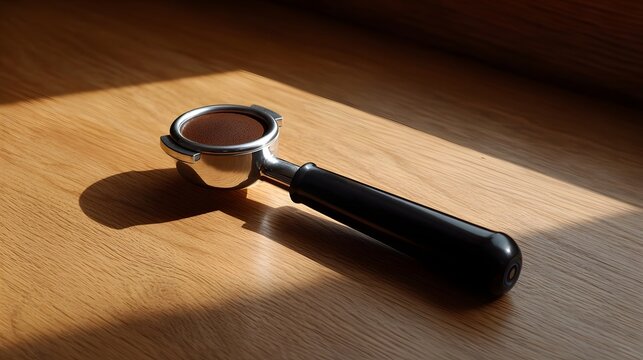 A coffee portafilter handle rests on a warm wooden surface dramatically lit by natural sunlight and defined by deep shadows