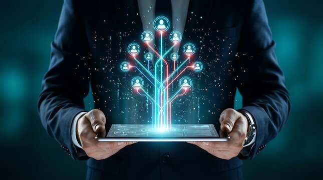 Businessman's hands holding a tablet displaying a glowing digital tree of human profiles connected by glowing lines, symbolizing network growth.