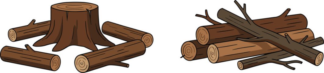  Wood Log Stump and Firewood Pile Set with Tree Branches Cartoon Vector Illustration © MdAsikul